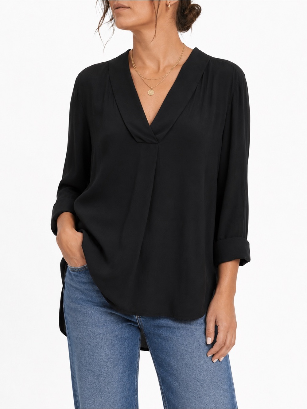 Vince Black Deep V Neck Tunic Blouse S Rayon Minimalist Quiet Luxury